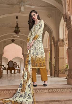 Simple And Elegant Looking Printed Suit Is Here In Off-White And Musturd Yellow Color. This Pretty Suit Is Cotton Based Which Is Soft Towards Skin, Durable And Easy To Carry All Day Long. Buy This Pretty Semi-Casual Wear Suit Now.