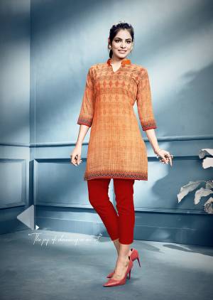 Add Some Casuals With This Readymade Short Kurti In Orange Color Fabricated On Crepe. It IS Beautified With Prints Which Is Light Weight And Easy To Carry All Day Long. 