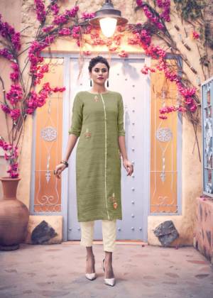 Simple And Elegant Looking Readymade Kurti Is Here In Light Green Color Paired With Cream Colored Bottom. This Kurti Is Silk Based Paired With Viscose Bottom. 