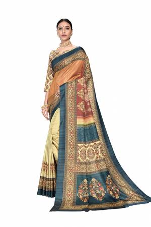 For A Royal look, Grab This Designer Digital Printed Saree In Brown And Cream Color Paired With Cream Colored Blouse. This Saree And Blouse Are Fabricated On Dola Art Silk Which Gives A Rich Look To Your Personality. 