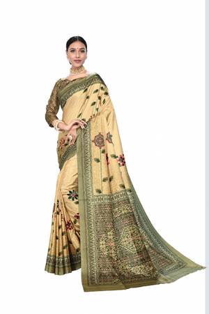For A Royal look, Grab This Designer Digital Printed Saree In Cream Color Paired With Dark Green Colored Blouse. This Saree And Blouse Are Fabricated On Dola Art Silk Which Gives A Rich Look To Your Personality. 