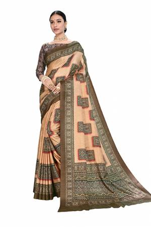 For A Royal look, Grab This Designer Digital Printed Saree In Beige Color Paired With Brown Colored Blouse. This Saree And Blouse Are Fabricated On Dola Art Silk Which Gives A Rich Look To Your Personality. 