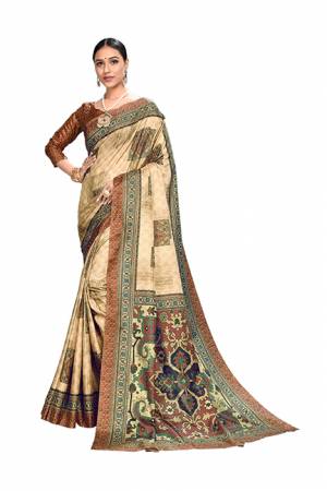 For A Royal look, Grab This Designer Digital Printed Saree In Beige Color Paired With Brown Colored Blouse. This Saree And Blouse Are Fabricated On Dola Art Silk Which Gives A Rich Look To Your Personality. 