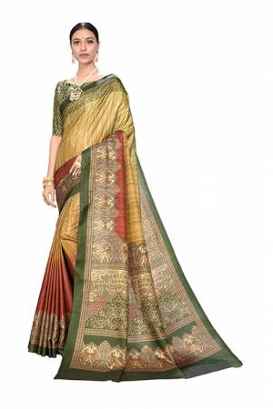 Add This Designer Saree In A Proper Traditional Look In Multi Color Paired With Green Colored Blouse. This Saree And Blouse Are Dola Art Silk Based Beautified With Digital Prints. It Is Light Weight And Easy To Carry all Day Long. 