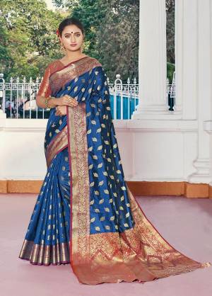 Classy Saree look pretty like never before.Wearing this Royal Blue Color Saree which made from Handloom Silk With Orange Color Handloom Silk blouse, Saree has also decorative work like Heavy Zari Work With Woven.This beautiful Saree features a classy Zari Work