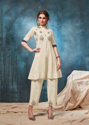 Flaunt Your Rich And Elegant Taste Wearing This Designer Readymade Pair In Off-White Colored kurta And Pants. This Lovely Pair Is Fabricated on Cotton Beautified With Hand Work Buttis. 