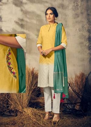 Simple And Elegant Looking Readymade Suit Is Here In Yellow Colored Top Paired With Off-White Colored Bottom And Sea Green Colored Dupatta. This Readymade Suit Is Viscose Based Beautified With Thread Work. 