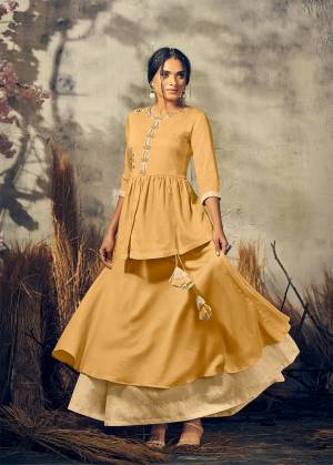 Celebrate This Festive Season Wearing This Designer Readymade Indo-Western Pair In Musturd Yellow And Cream Color.  This Pretty Pair Is Fabricated On Cotton Satin Which Is Light Weight And Soft Towards Skin. Buy Now.