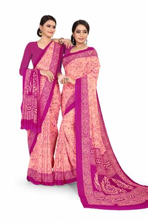 No More Worry For What To Wear At Your Place, Grab This Georgette?Fabricated Saree And Blouse Beautified With Prints All Over. This Saree Can Be Used As Uniform At Different Places Like Airports, Hospitals And Hotels