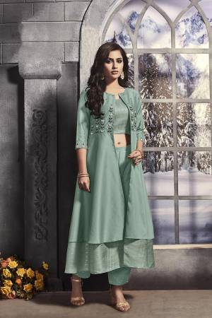 Grab This Designer Readymade Indo-Western Pair In Sea Green Color. This Lovely Pair Is Satin Based Which IS Soft Towards Skin And Easy To Carry Throughout The Gala. 