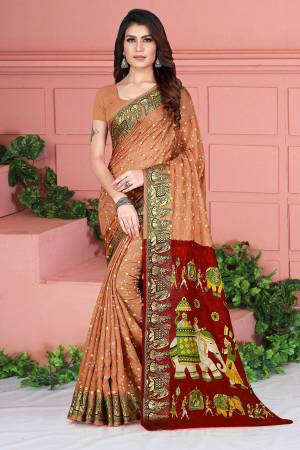 For A Proper Traditional Look, Grab This Designer Silk Based Saree In Beige Color. This Saree And Blouse Are Fabricated On Art Silk Beautified With Weave And Prints. Its Fabric Is Durable, Light Weight And Easy To Carry All Day Long. 