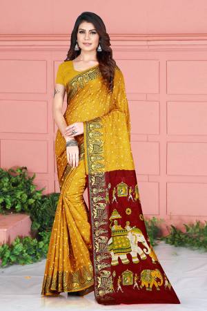 For A Proper Traditional Look, Grab This Designer Silk Based Saree In Musturd Yellow Color. This Saree And Blouse Are Fabricated On Art Silk Beautified With Weave And Prints. Its Fabric Is Durable, Light Weight And Easy To Carry All Day Long. 