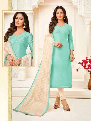 Flaunt Your Rich And Elegant Taste Wearing This Designer Pretty Suit In Aqua Blue Colored Top Paired With Cream Colored Bottom And Dupatta. Its Top Is Fabricated  On Modal Paired With Cotton Bottom And Chanderi Fabricated Dupatta. Buy Now.
