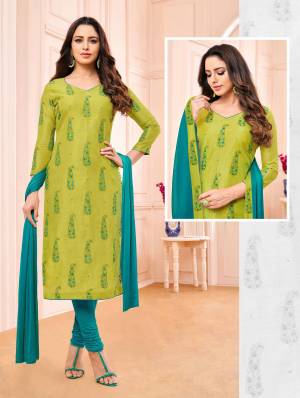 Simple And Elegant Straight Suit Is Here For Your Semi-Casual Wear In Green Colored Top Paired With Contrasting Blue Colored Bottom And Dupatta. Its Top Is Modal Based Paired With Cotton Bottom And Chiffon Fabricated Dupatta. 
