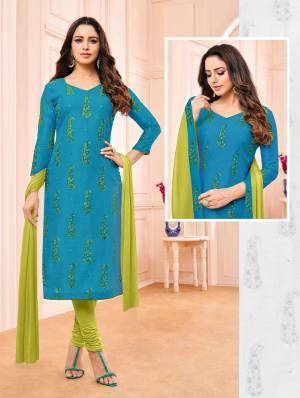 Simple And Elegant Straight Suit Is Here For Your Semi-Casual Wear In Blue Colored Top Paired With Contrasting Green Colored Bottom And Dupatta. Its Top Is Modal Based Paired With Cotton Bottom And Chiffon Fabricated Dupatta. 
