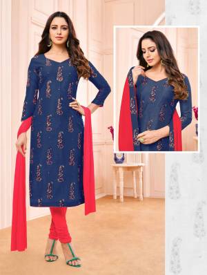 Simple And Elegant Straight Suit Is Here For Your Semi-Casual Wear In Navy Blue Colored Top Paired With Contrasting Dark Pink Colored Bottom And Dupatta. Its Top Is Modal Based Paired With Cotton Bottom And Chiffon Fabricated Dupatta. 