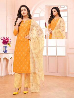 Celebrate This Festive Season With Beauty And Comfort Wearing This Designer Straight Suit In Orange Colored Top Paired With Cream Colored Bottom And Dupatta. Its Top Is Fabricated On Modal Silk Paired With Cotton Bottom And Modal Dupatta. 