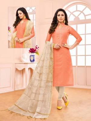 Grab This Very Pretty And Elegant Looking Straight Suit In Orange Colored Top Paired With Off-White Colored Bottom And Dupatta, Its Top IS Modal Based Paired With Cotton Bottom And Chanderi Fabricated Dupatta. Buy Now.