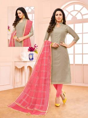 Grab This Very Pretty And Elegant Looking Straight Suit In Grey Colored Top Paired With Pink Colored Bottom And Dupatta, Its Top IS Modal Based Paired With Cotton Bottom And Chanderi Fabricated Dupatta. Buy Now.