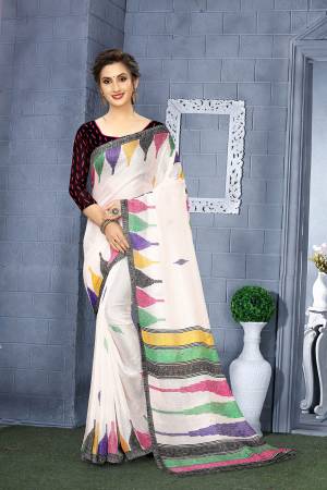 Catch All The Limelight At The Next Function You Attend Wearing This Attractive Looking Saree In White And Multi color Paired With Black And Pink Colored Blouse. This Saree And blouse Are Fabricated On Linen. 