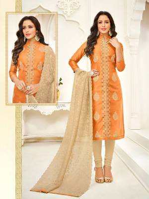 This Festive Season Have A Traditional Look Wearing This Designer Straight Suit In Orange Colored Top Paired With Beige Colored Bottom And Dupatta. Its Top Is Modal Based Paired With Cotton Bottom And Orgenza Fabricated Dupatta. It Is Beautified With Thread Work. 