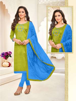 Look Pretty In This Designer Straight Suit In Green Colored Top Paired With Blue Colored Bottom And Dupatta. Its Top Is Fabricated On Art Silk Paired With Cotton Bottom And Chiffon Fabricated Dupatta. 