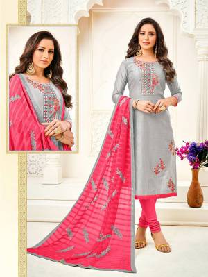 Look Pretty In This Designer Straight Suit In Grey Colored Top Paired With Dark Pink Colored Bottom And Dupatta. Its Top Is Fabricated On Art Silk Paired With Cotton Bottom And Chiffon Fabricated Dupatta. 
