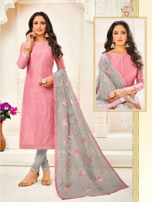 Simple And Elegant Looking Pretty Designer Straight Suit Is Here In Pink Colored Top Paired With Light Grey Colored Bottom And Dupatta, Its Top And Dupatta Are Modal Based Paired With Cotton Bottom. 