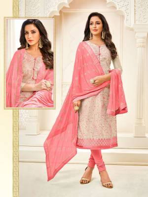 Flaunt Your Rich And Elegant Taste Wearing This Designer Staright Suit In Grey Colored Top Paired With Pink Colored Bottom And Dupatta. Its Top Is Modal Based Paired With Cotton Bottom And Chiffon Dupatta. 
