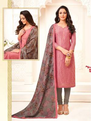Grab This Lovely Color Pallete With This Designer Suit In Onion Pink Colored Top Paired With Contrasting Grey Colored Bottom And Dupatta. Its Top Is Modal Based Paired With Cotton Bottom And Chanderi Fabricated Dupatta. Its Lovely Color Pallete And Work Definitely Earn You Lots Of Compliments From Onlookers. 
