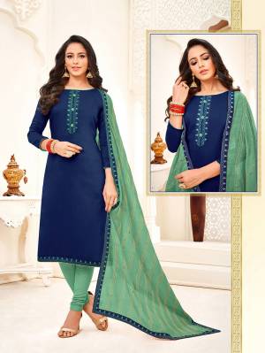 You Will Definitely Earn Lots Of Compliments Wearing This Designer Straight Suit In Royal Blue Colored Top Paired With Light Green Colored Bottom And Dupatta. Its Top And Dupatta are Fabricated On Soft Silk Paired With Cotton Fabricated Bottom. 