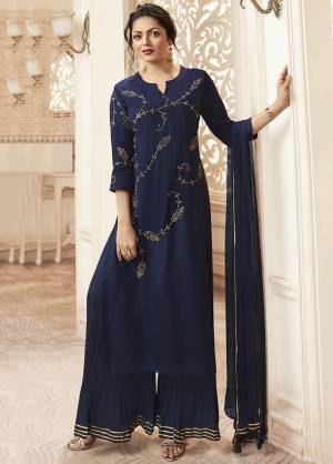 Enhance Your Personality Wearing This Very Pretty Designer Readymade Suit In All Over Navy Blue Color. Its Top Is Viscose Rayon Based Paired With Mal Cotton Bottom And Chiffon Fabricated Dupatta. Its Elegant Top Is Beautified With Hand Work Giving An Enhanced Look. 