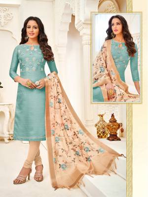 Add This Very Beautiful Designer Straight Suit In Aqua Blue Colored Top Paired With Cream Colored Bottom And Dupatta. Its Top Is Fabricated On Chanderi Silk Paired with Cotton Bottom And Tussar Silk Fabricated Digital Printed Dupatta. 