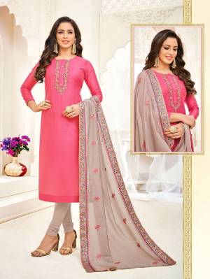 Rich And Elegant Looking Designer Suit Is Here With Heavy Dupatta Concept In Rani Pink Colored Top Paired With Contrasting Grey Colored Bottom And Dupatta. Its Top Is Fabricated On Soft Silk Paired With Cotton Bottom And Chanderi Dupatta. Buy This Lovely Suit Now.