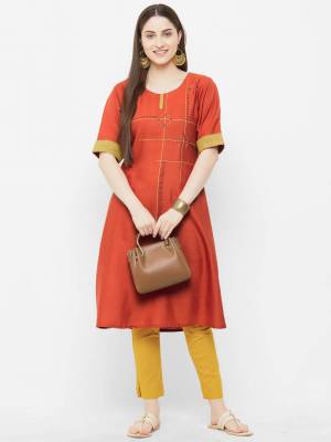 Add This Beautiful And Elegant Looking Readymade kurti To Your Wardrobe In Rust Orange Color. This Pretty Kurti Is Fabricated On Satin Which Is Soft Towards Skin And Ensures Superb Comfort All Day Long, 
