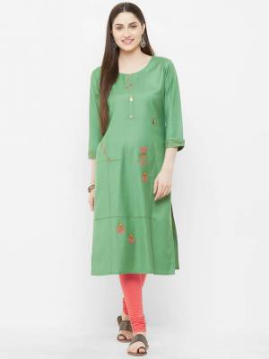 Here Is A Pretty Kurti For Your Casual And Semi-Casual Wear In Green Color Fabricated On Rayon. It Is Light In Weight And Soft Towards Skin Which IS Easy To Carry all Day Long. 