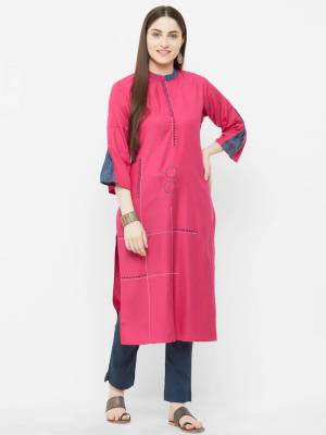Grab This Readymade Kurti In Rani Pink Color Fabricated On Rayon. This Pretty Simple Kurti Is Suitable For Your Casual Or Semi-Casuals. Also It Is Available In All Regular Sizes.