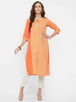 Grab This Pretty Simple Readymade Kurti In Orange Color For Your Casual And Semi-Casual Wear, This Kurti Is Fabricated On Cotton Which Also Gives A Rich Look To Your Personality. 
