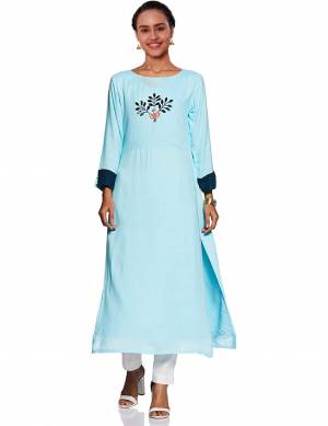 Grab This Readymade Long Kurti In Sky Blue Color Fabricated On Cotton. This Pretty Kurti Is Suitable For Your Semi-Casual Wear Beautified With Thread Work. 