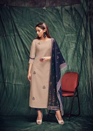 Rich And Elegant Looking Designer Readymade Pair Of Kurti And Dupatta In Light Beige Color Paired With Navy Blue Colored Dupatta. Its Top Is Soft Silk Based Paired With Digital Pinted Silk Dupatta. It Is Light In Weight And Easy To Carry All Day Long. 