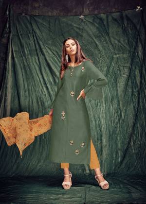 Enhance Your Personality Wearing This Readymade Kurti In Olive Green Color Paired With Musturd Yellow Colored Dupatta. Its Top Is Fabricated On Art Silk Paired With Orgenza Fabricated Dupatta. It Is Beautified With Hand Work. You Can Pair This Kurti With Pants, Plazzo Or Leggings. 