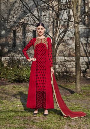 Celebrate This Festive Season Wearing This Designer Suit In All Over Red Color. Its Pretty Top Is Fabricated On Georgette Paired With Santoon Bottom And Georgette Fabricated Dupatta. Its Fabrics are Light Weight And Easy To Carry All Day Long. 