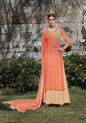 Grab This Very Beautiful Designer Suit In Two Layered Top In Orange And White Color Paired With Orange Colored Bottom And Dupatta. This Top And Dupatta Are Georgette Based Paired With Santoon Fabricated Bottom. 