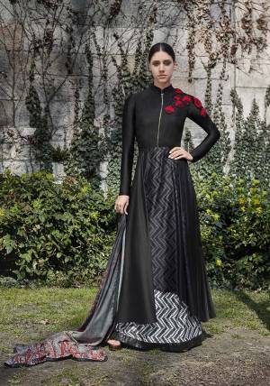 Here Is A Designer Indo-Western Suit In Black Color. Its Top Is Fabricated On Georgette Paired With Santoon Bottom And Chiffon Fabricated Dupatta. Buy Now.