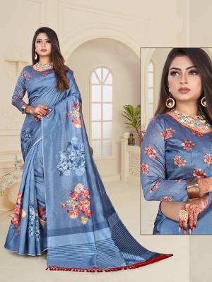 Add This Pretty Saree For Your Semi-Casual Wear In Steel Blue Color. This Saree And Blouse Are Fabricated On Art Silk Beautified With Floral Digital Prints. 