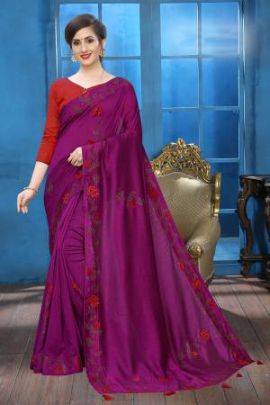 Grab This Pretty Attractive Looking Designer Saree In Magenta Pink Color Paired With Red Colored Blouse. This Saree Is Fabricated On Soft Silk Paired With Art Silk Fabricated Blouse. It Is Beautified With Velvet Patch Work And Stone Work. Buy Now.
