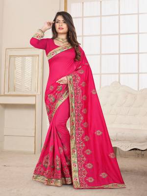 Here Is An Attractive Looking Heavy Designer Saree In Rani Pink Color Paired With Rani Pink Colored Blouse. This Saree And Blouse Are Fabricated On Art Silk Beautified With Coloful Resham Embroidery With Jari & Coding Work, Buy Now.