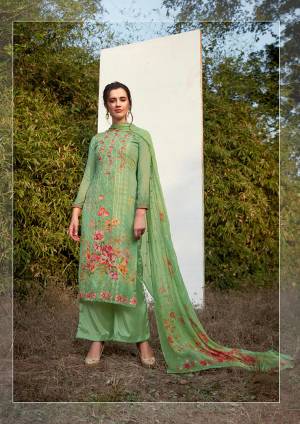 Celebrate This Festive With Beauty and Comfort By Wearing This Light Weight Designer Suit In Green Color. Its Top Is Georgette Based Paired With Santoon Bottom and Chiffon Fabricated dupatta. Its Pretty Attractive Top And Dupatta are Beautified With Tone To Tone Embroidery and Floral Digital Prints. 