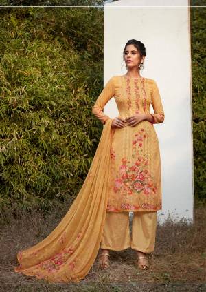 Here Is Prefect Suit For Your Semi-Casual Wear In Occur Yellow Color. Its Top Is Fabricated on Georgette Beautified With Digital Prints And Embroidery Paired With Santoon Bottom And Chiffon Fabricated Dupatta. Buy Now.
