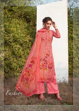 Flaunt Your Rich and Elegant Taste Wearing This Designer Straight Cut Suit In Pink Color. Its Top Is Fabricated On Georgette Paired With Santoon Bottom And Chiffon Fabricated Dupatta. 